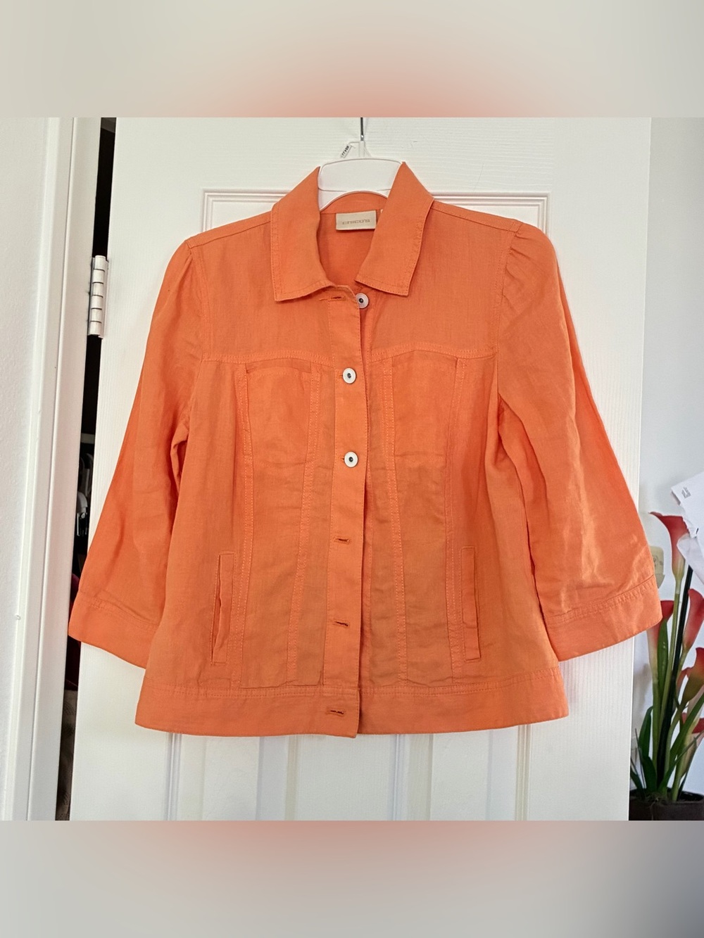 CHICOS Cantaloupe Orange 3/4 Sleeve 100% Linen Button Front Jacket Size 0